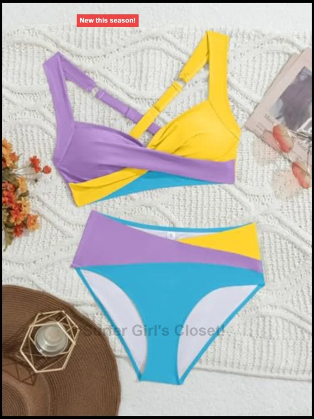 Two Piece Bikini Set Mid Rise Color Block Tie Back Push Up Swimsuit